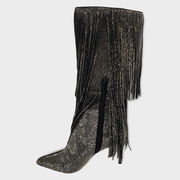 INC Ishani Bling Rhinostones Beaded Fringe Pointed Toe Knee-High Tall Boots Blac - Picture 12 of 12